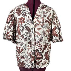 Joie Floral Cream Brown Linen Blend Button Up Balloon Sleeve Blouse Top Sz M